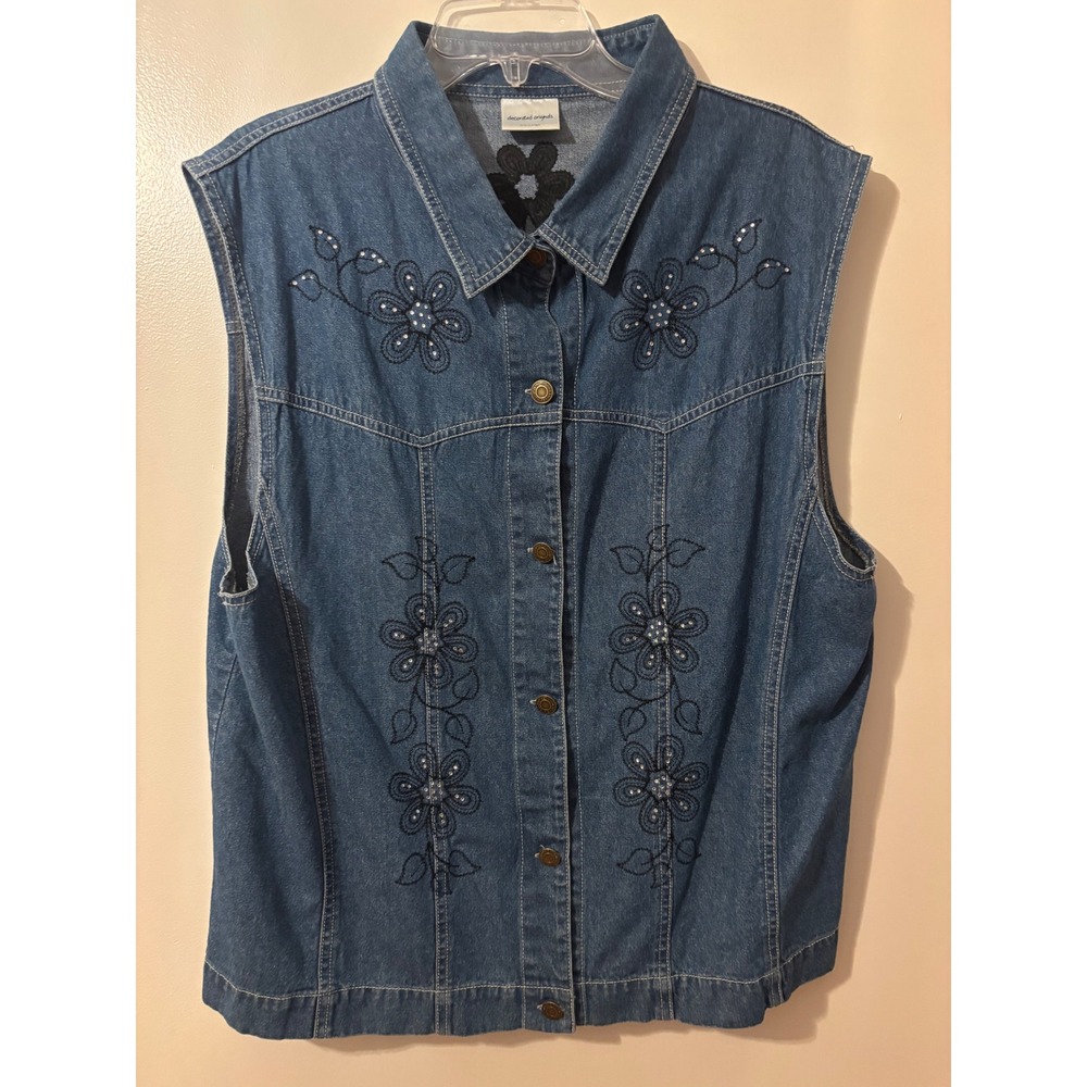 Decorated Originals Vtg Denim Vest Womens XXL  Sleeveless  BK Flower Embellished